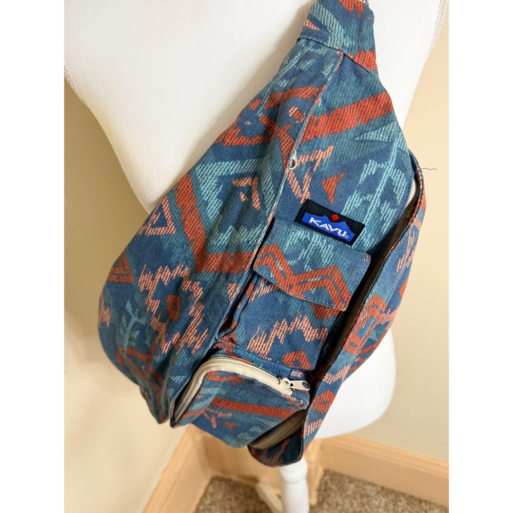 KAVU Rope Bag Blue Orange Southwestern Geometric Canvas Sling Backpack - Picture 4 of 5